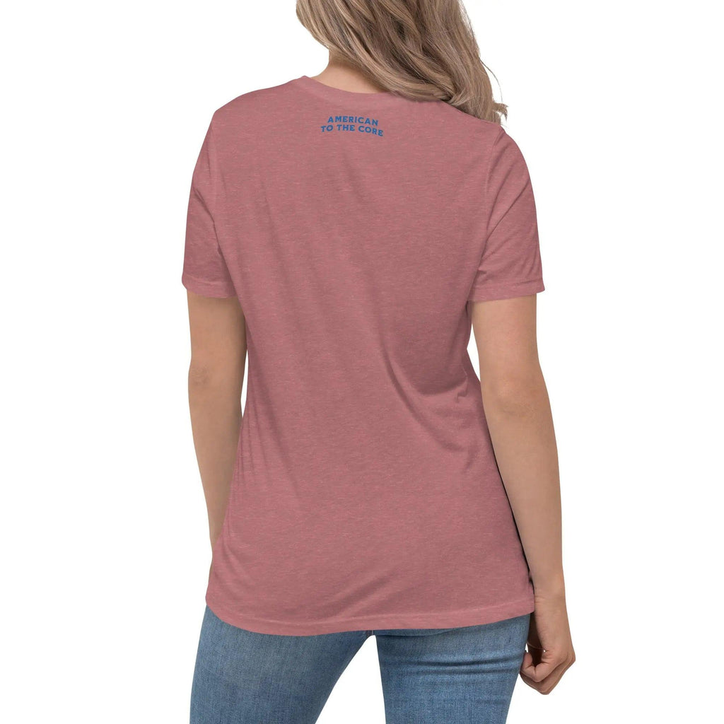 Back of a woman wearing a heather mauve patriotic t-shirt with the text "American To The Core."