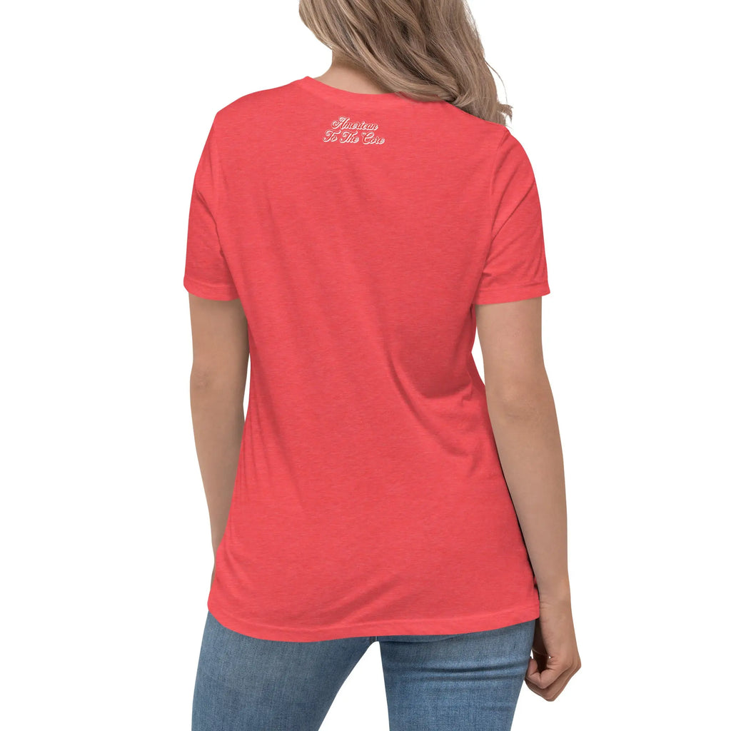 Back of woman wearing a heather red patriotic t-shirt with "America to the core" text
