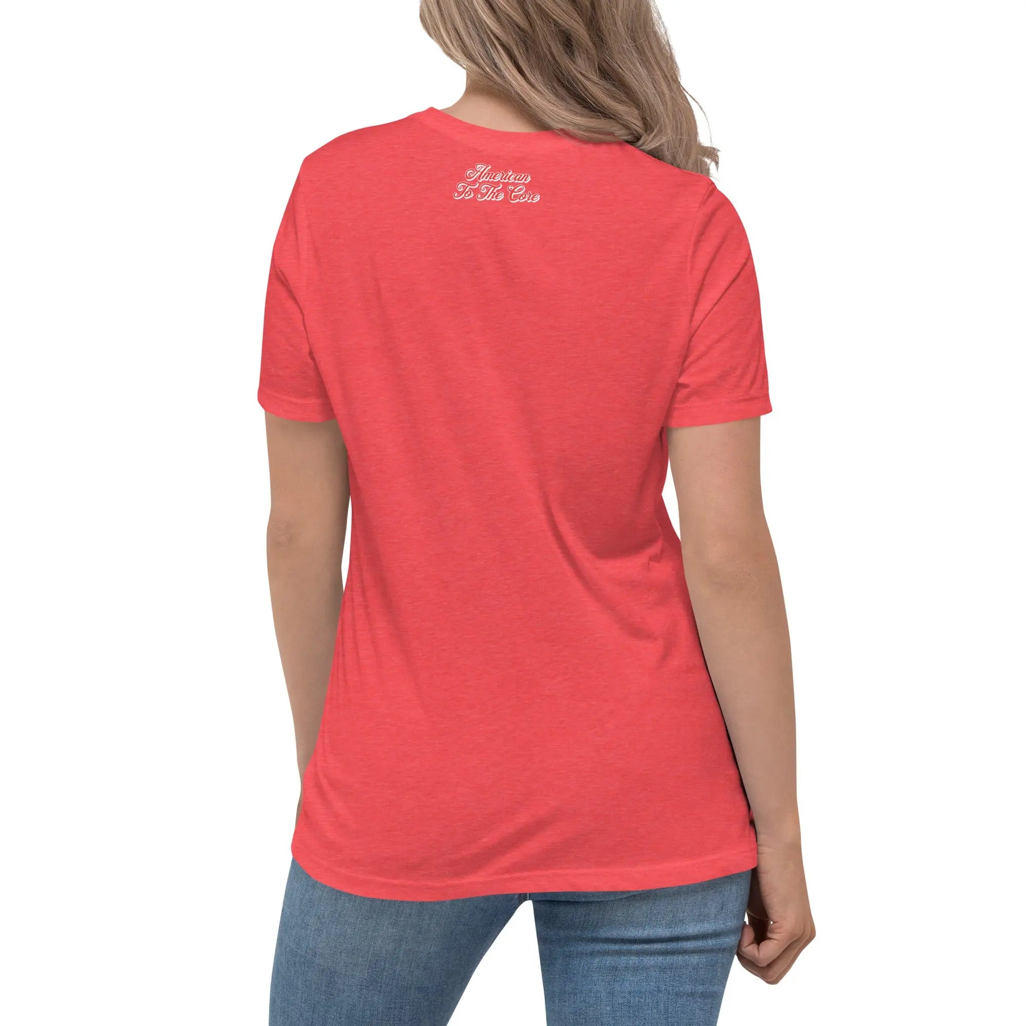 Back of woman wearing a heather red patriotic t-shirt with "America to the core" text