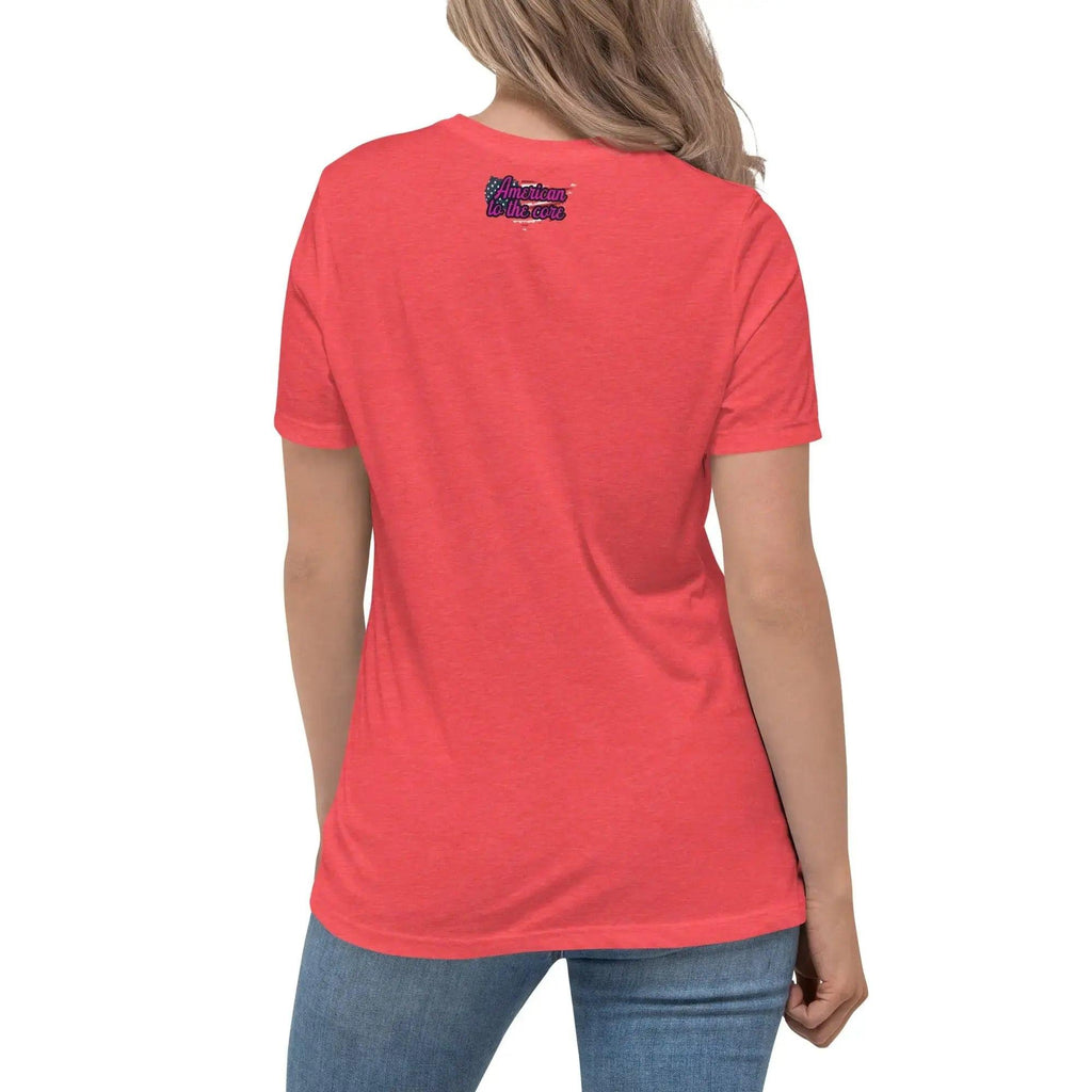 Back of a woman wearing a heather red patriotic t-shirt with the text "American To The Core"