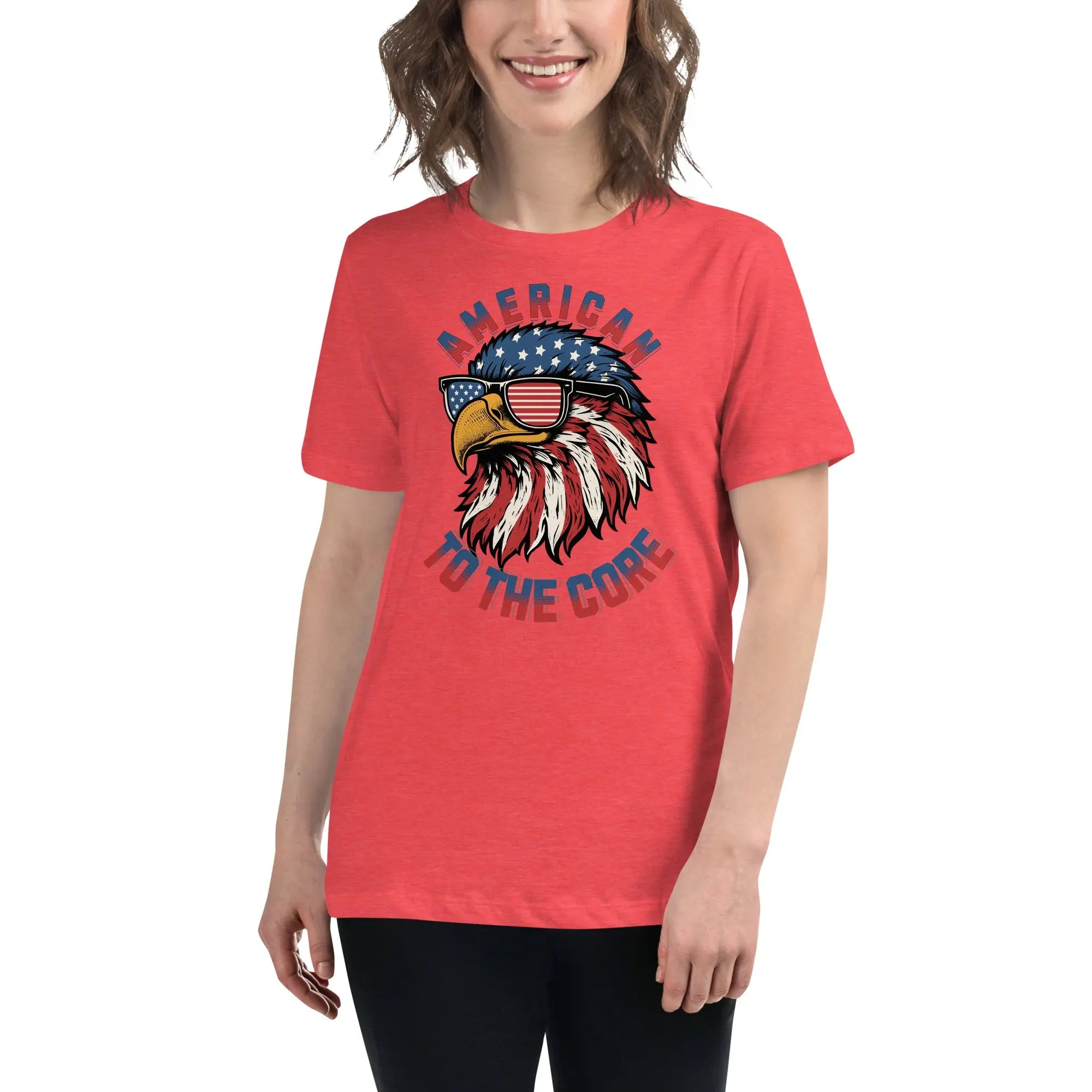 Back of woman wearing a heather red patriotic t-shirt with an eagle head and  "American To The Core" text