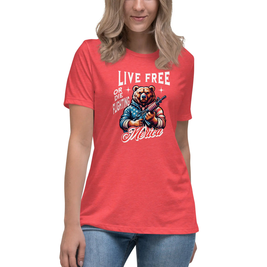 A woman wearing a heather red patriotic t-shirt with a bear holding a gun and "Live Free or Die Fighting" text.