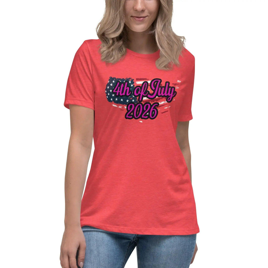 A woman wearing a heather red patriotic t-shirt with the American flag in the shape of America and the text "4th of July, 2026."