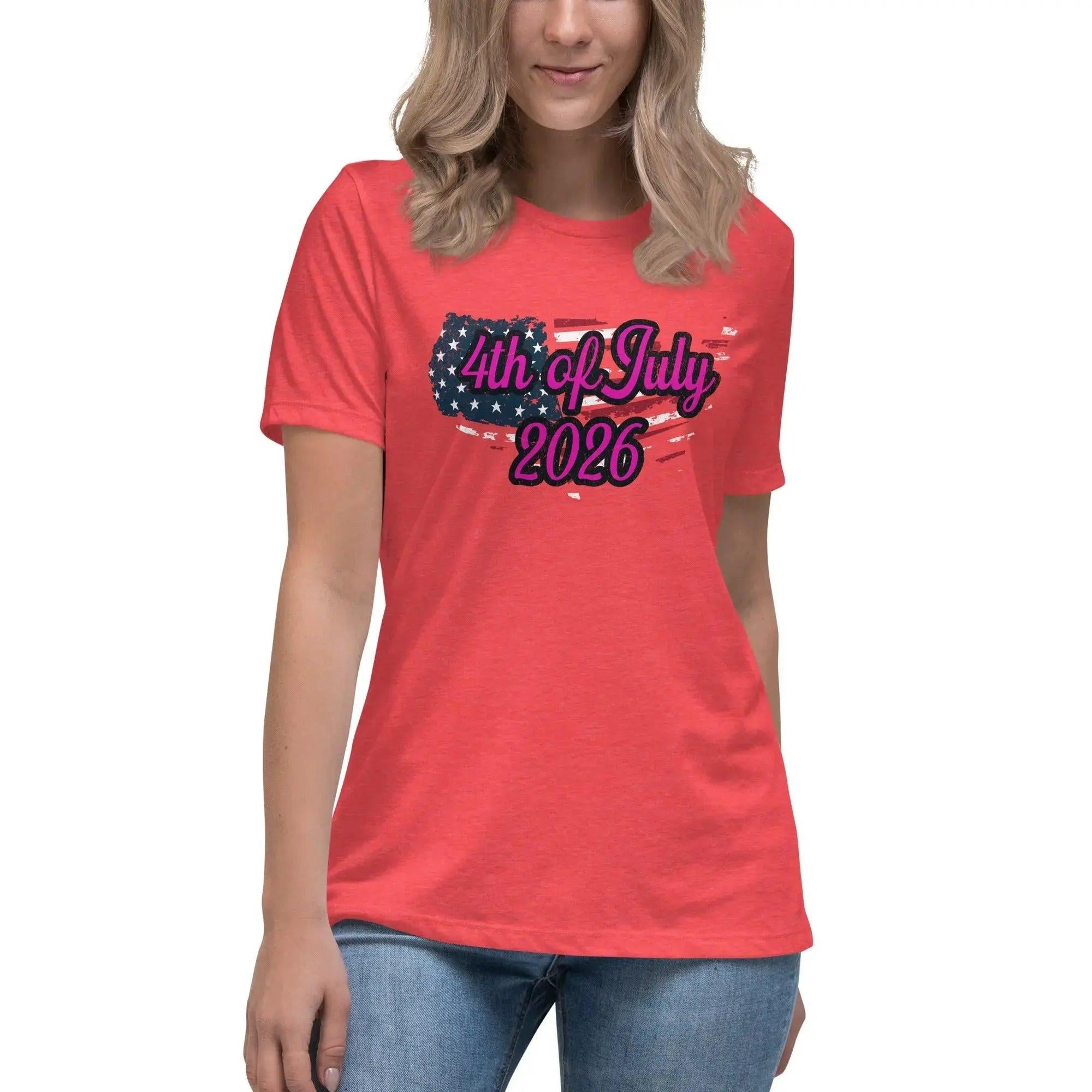 A woman wearing a heather red patriotic t-shirt with the American flag in the shape of America and the text "4th of July, 2026."