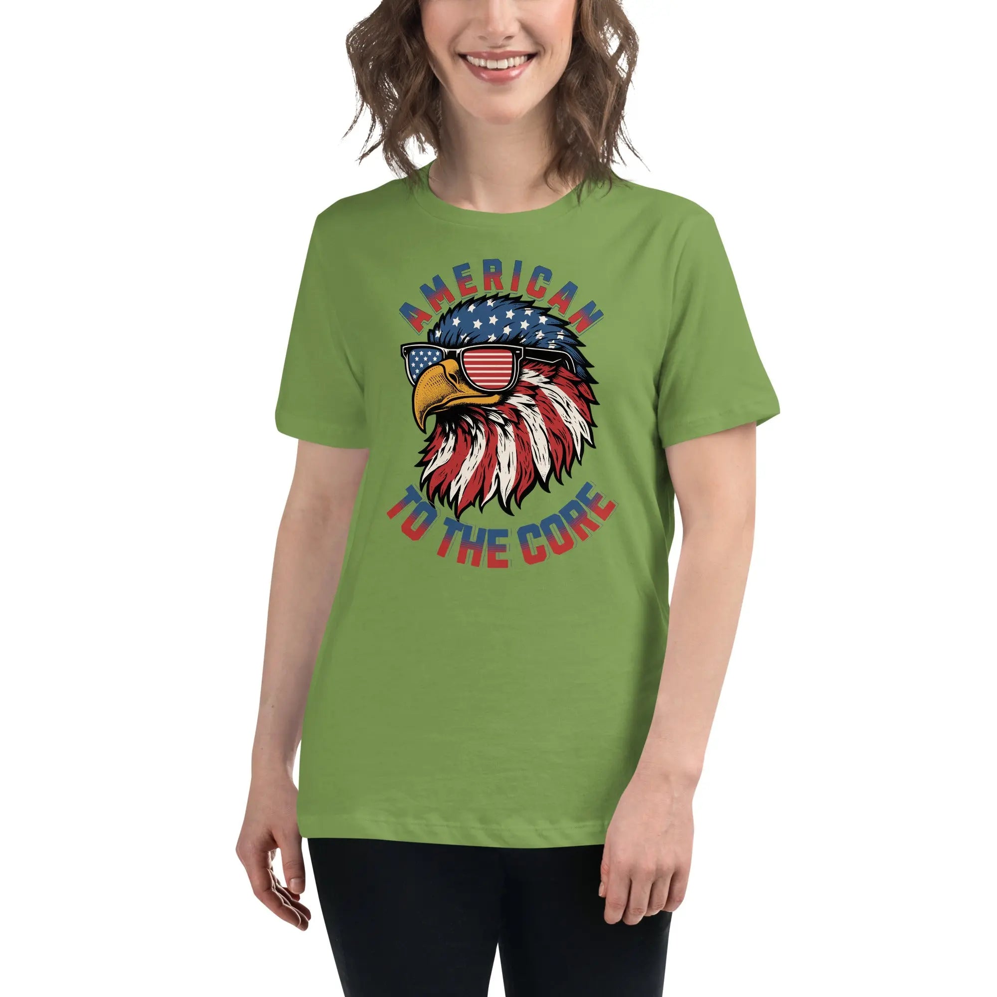 Back of woman wearing a leaf green patriotic t-shirt with an eagle head and  "American To The Core" text