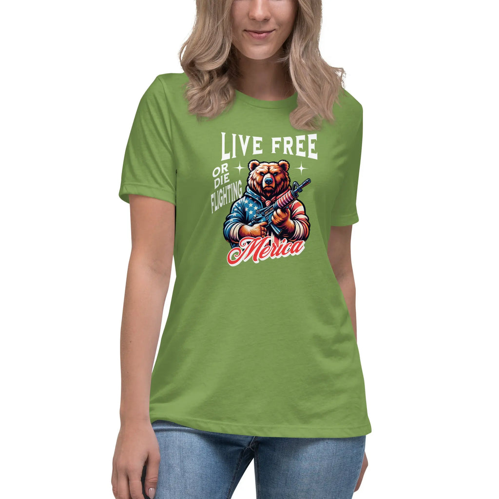 A woman wearing a leaf green patriotic t-shirt with a bear holding a gun and "Live Free or Die Fighting" text.