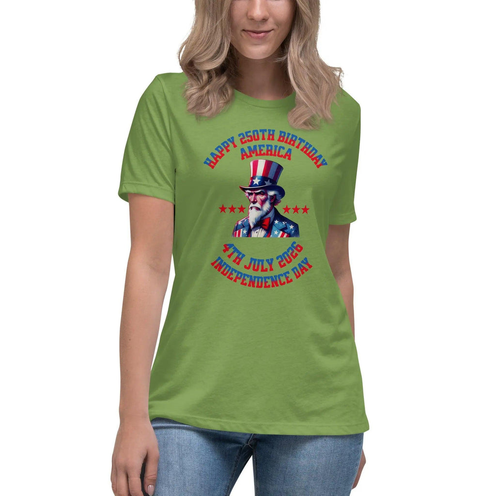 A woman wearing a leaf green patriotic t-shirt with Uncle Sam and the text "Happy 250th Birthday, America, and 4th July 2026, Independence Day."