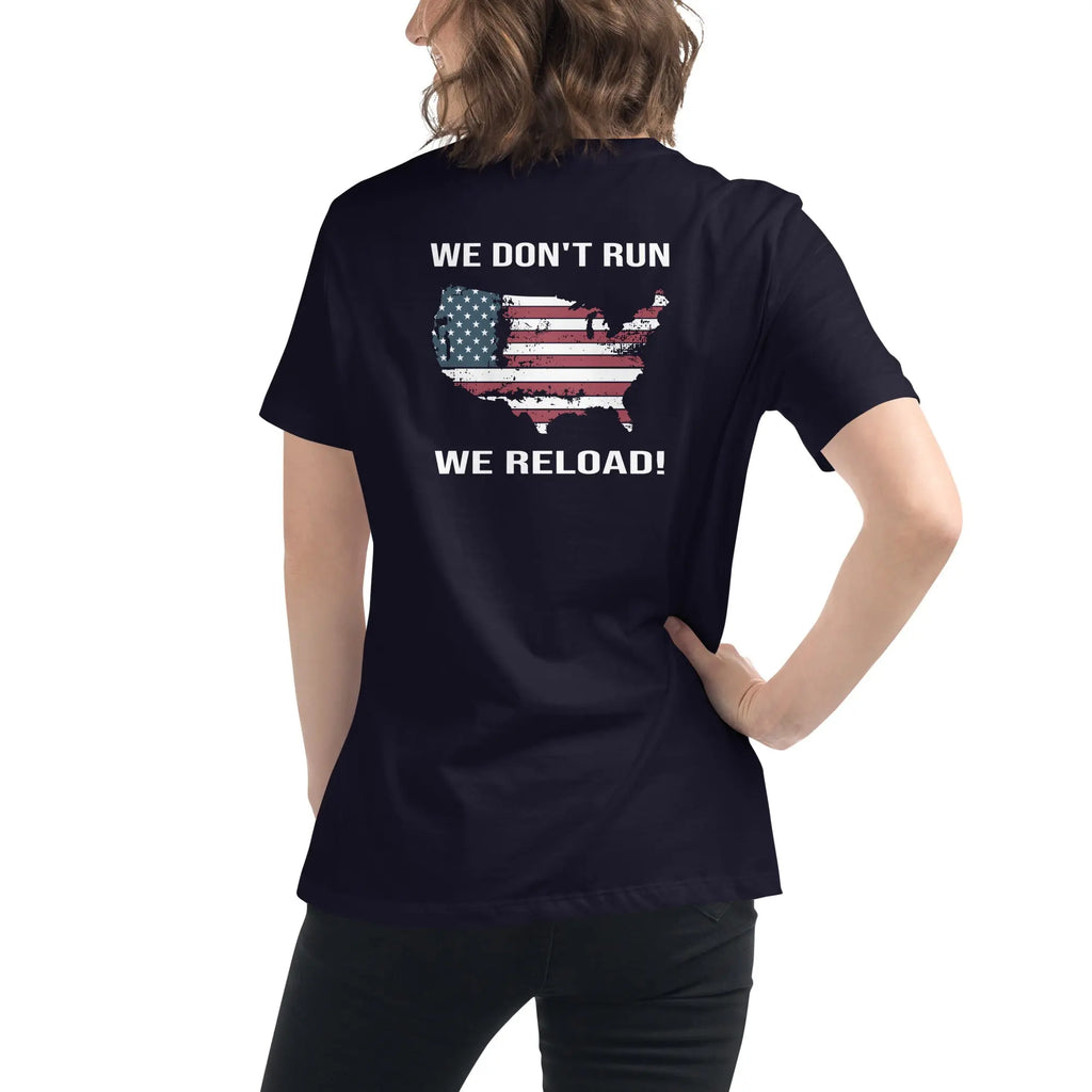 Back of woman wearing a navy patriotic t-shirt with a silhouette of America and  "We Don't Run, We Reload" text