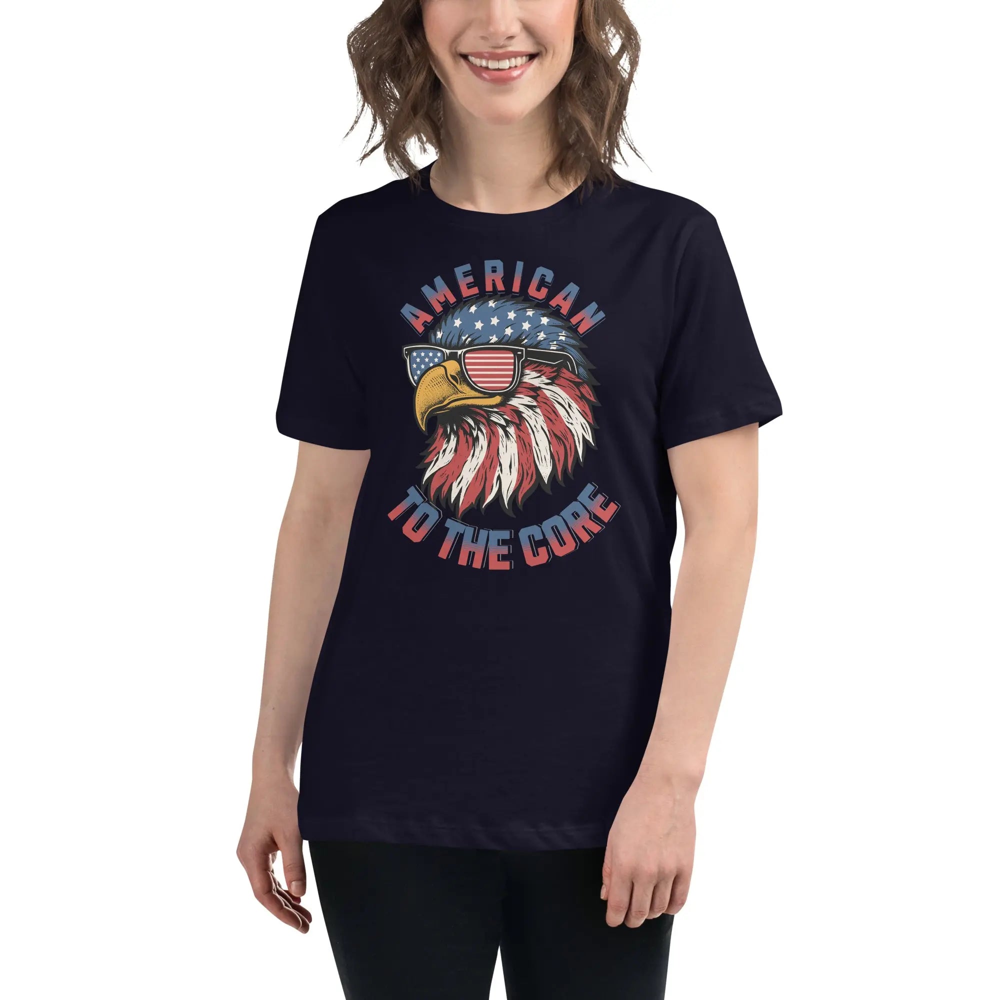 Back of woman wearing a navy patriotic t-shirt with an eagle head and  "American To The Core" text