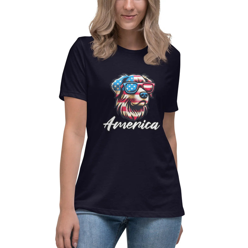 A woman wearing a patriotic navy t-shirt with a dog head colored red, white, and blue with "america" text