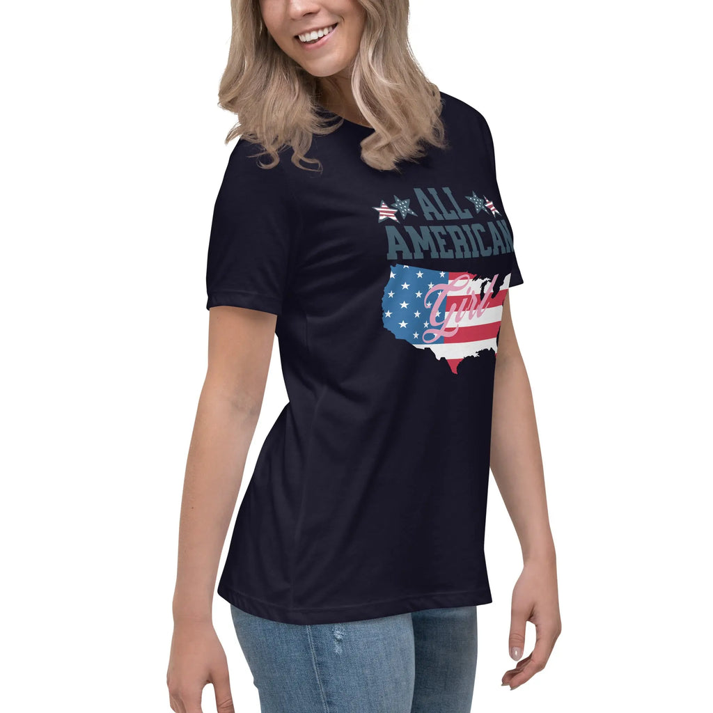 A woman wearing a patriotic navy t-shirt with a silhouette of america and "all American Girl" text