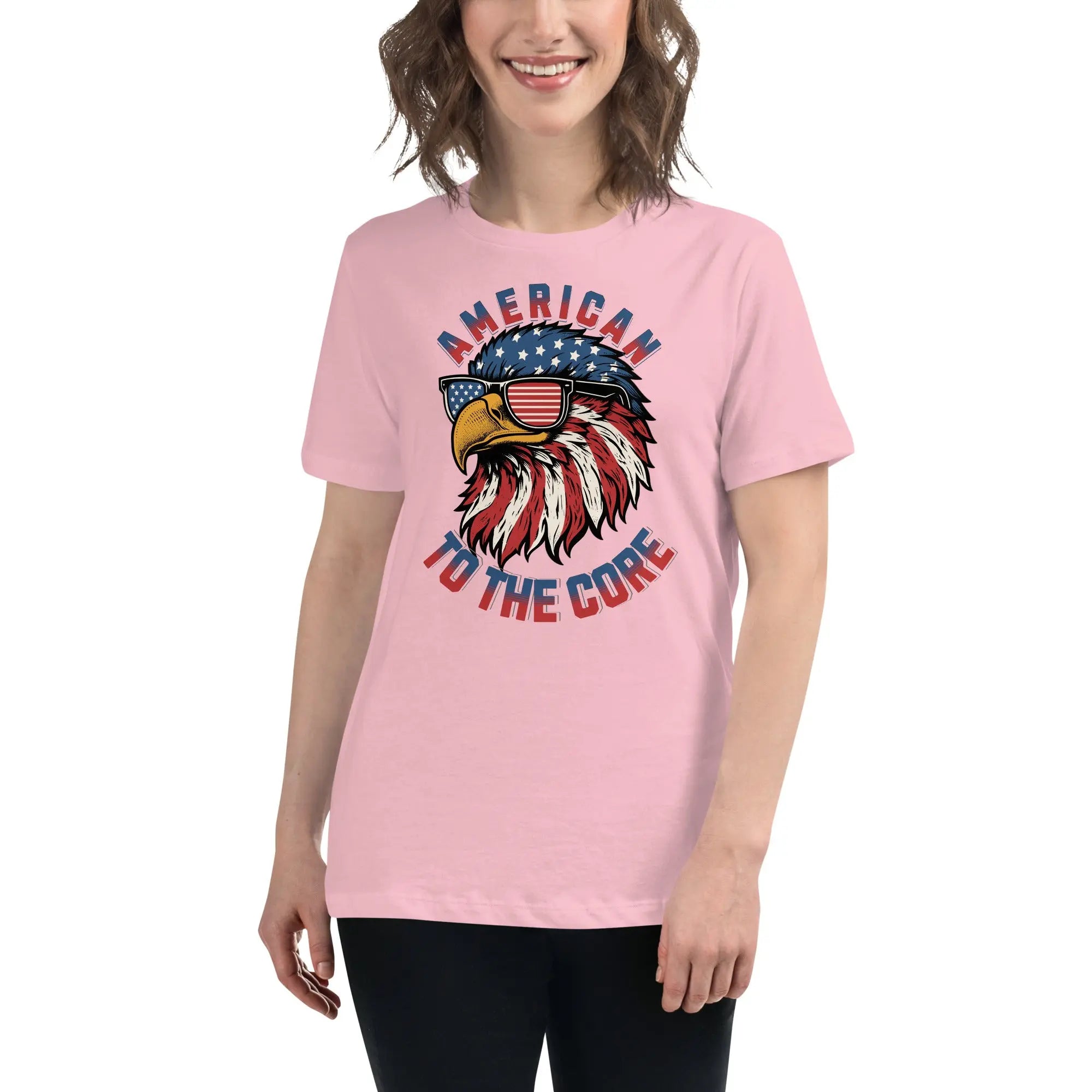Back of woman wearing a pink patriotic t-shirt with an eagle head and  "American To The Core" text
