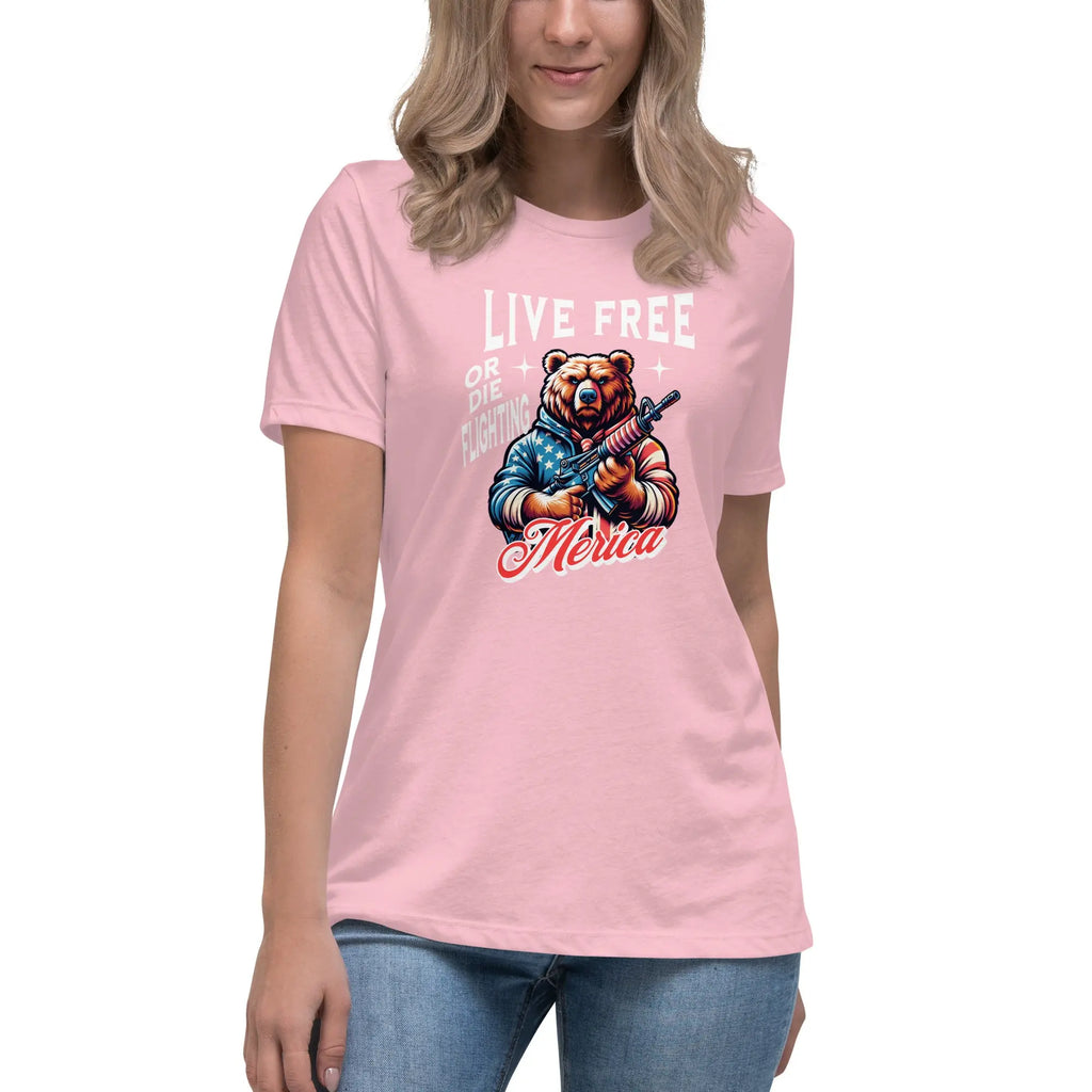 A woman wearing a pink, patriotic t-shirt with a bear holding a gun and "Live Free or Die Fighting" text.