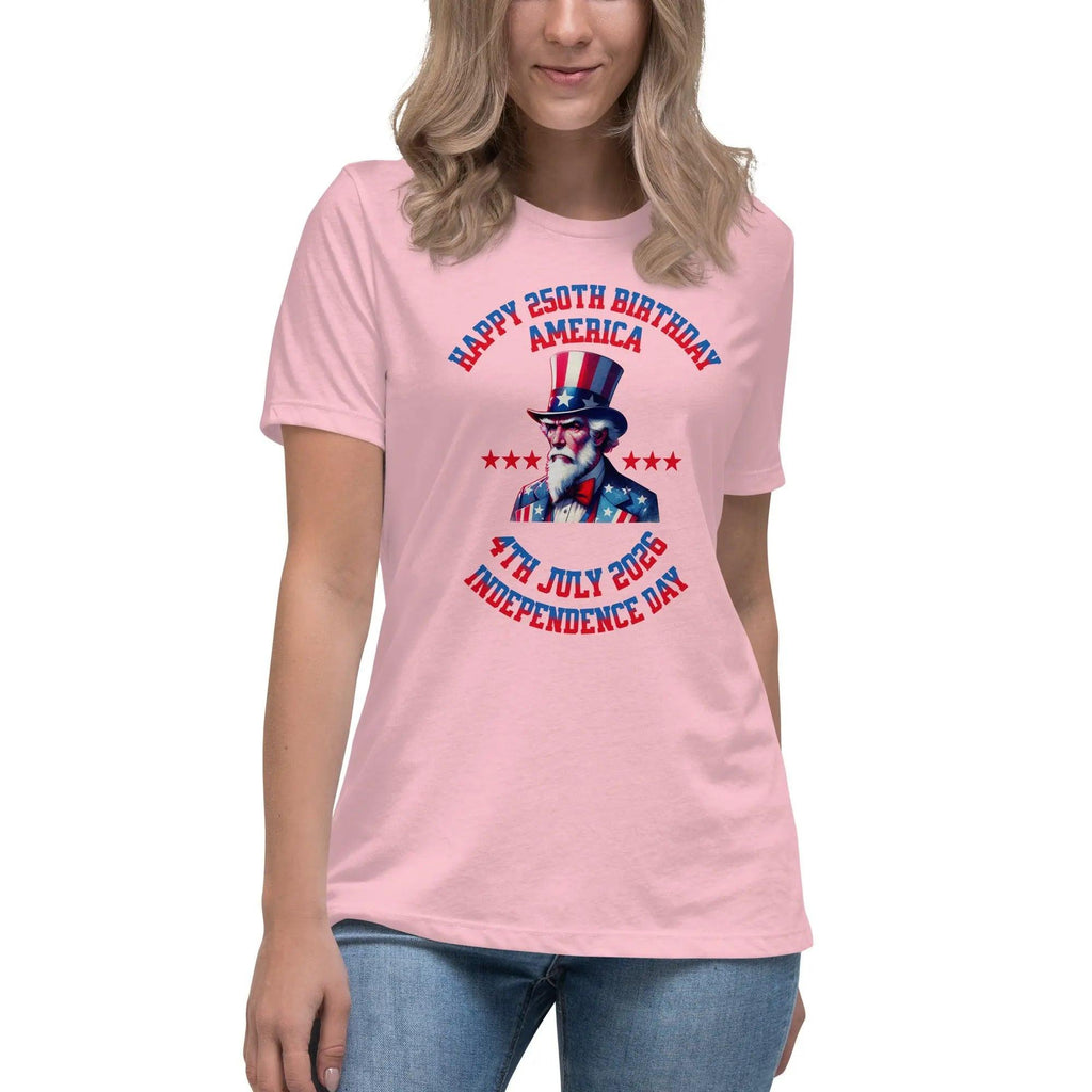 A woman wearing a pink patriotic t-shirt with Uncle Sam and the text "Happy 250th Birthday, America, and 4th July 2026, Independence Day."