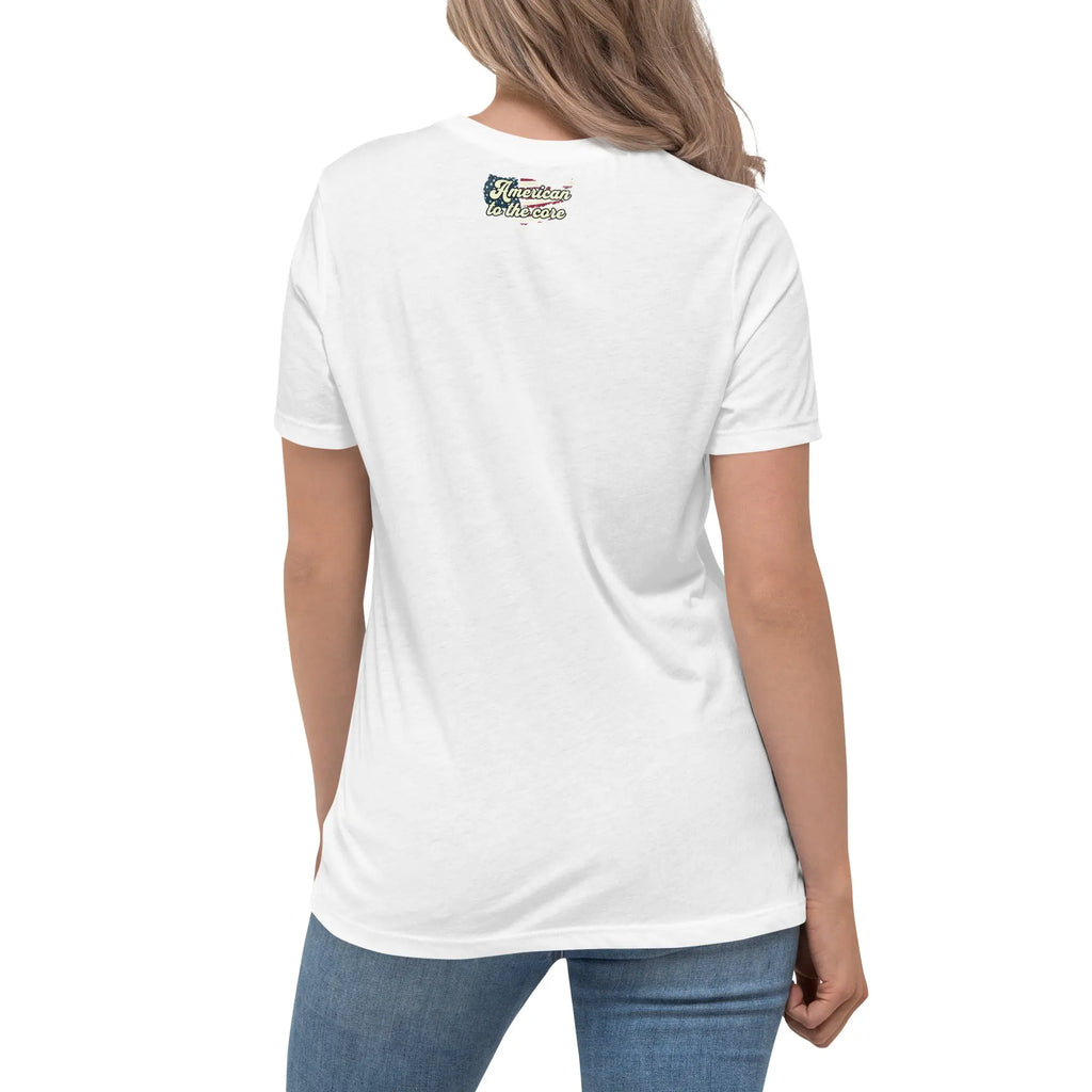 Back of Woman wearing a white, patriotic t-shirt with "America to the core" text