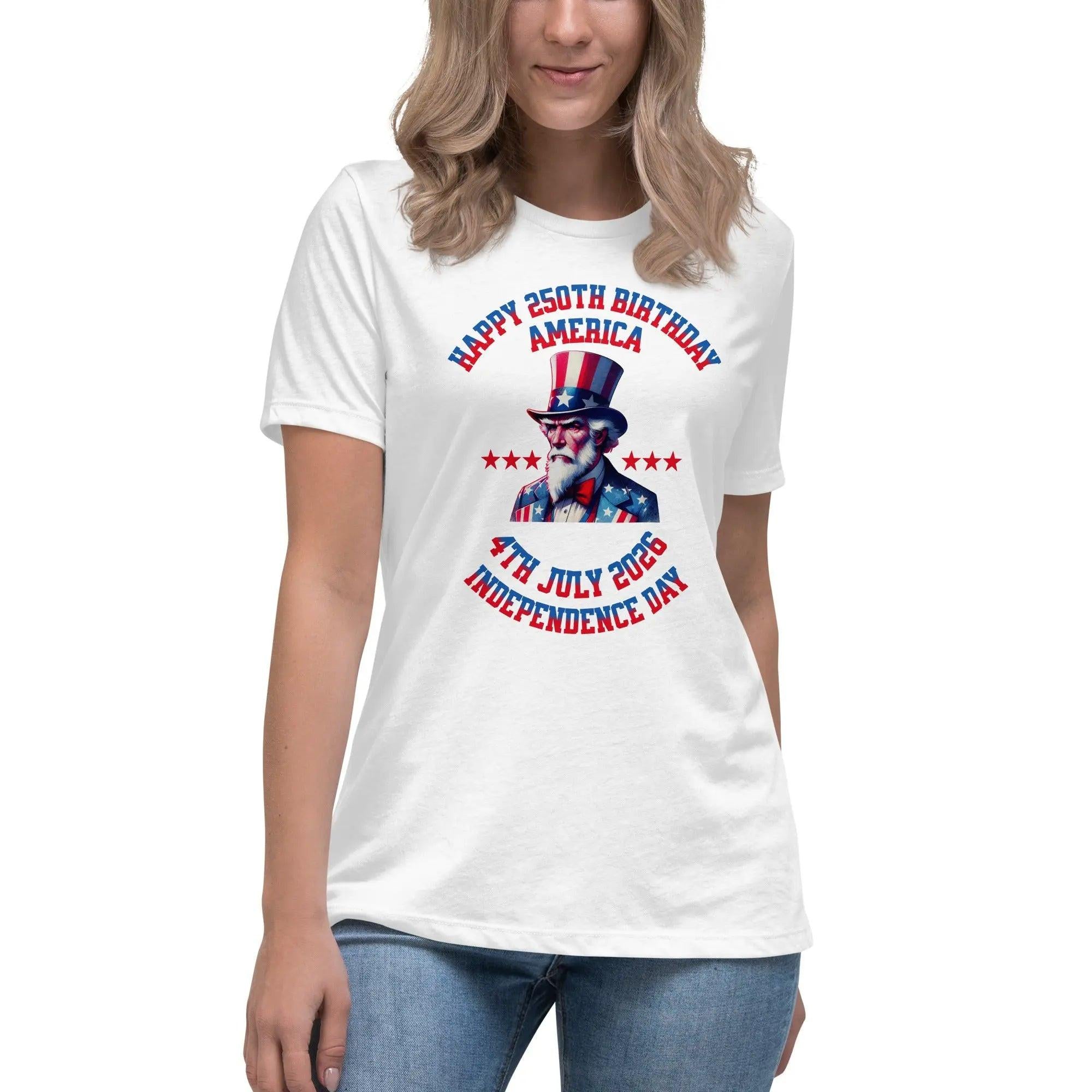 A woman wearing a white patriotic t-shirt with Uncle Sam and the text "Happy 250th Birthday, America, and 4th July 2026, Independence Day."
